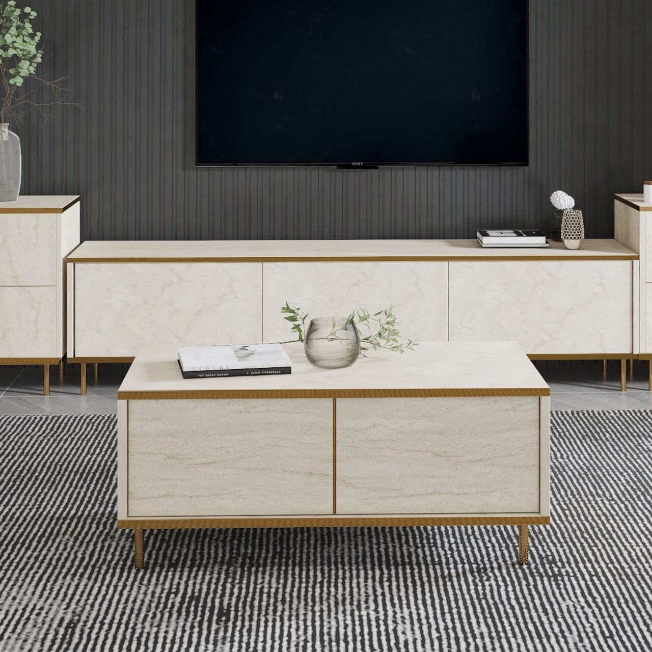 Masuta de cafea, Hanah Home, Imaj, 90x40x45 cm, Travertin / Auriu - imagine 7